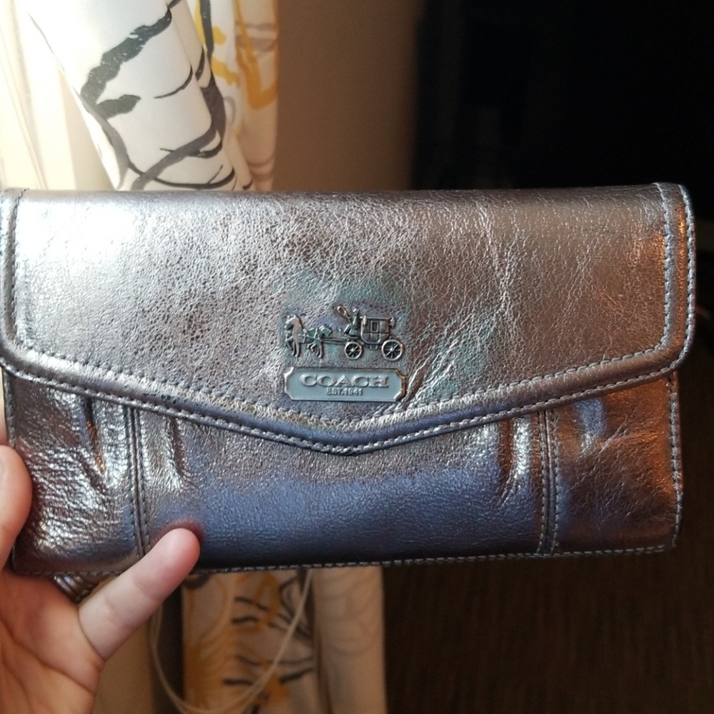 Shiny Silver Coach Trifold Wallet